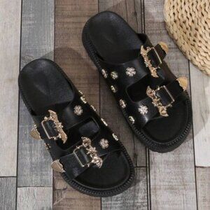 Jadu Size 8 Faux Leather Bat Buckle Dad Sandals Women's Slip On Mules Black